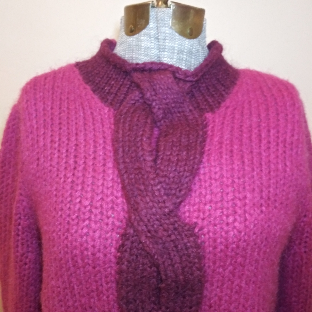 LAST CHANCE - L.L. Bean Fuschia/Purple Cable Knit Mohair/Wool Mock Neck Sweater - Picture 2 of 8